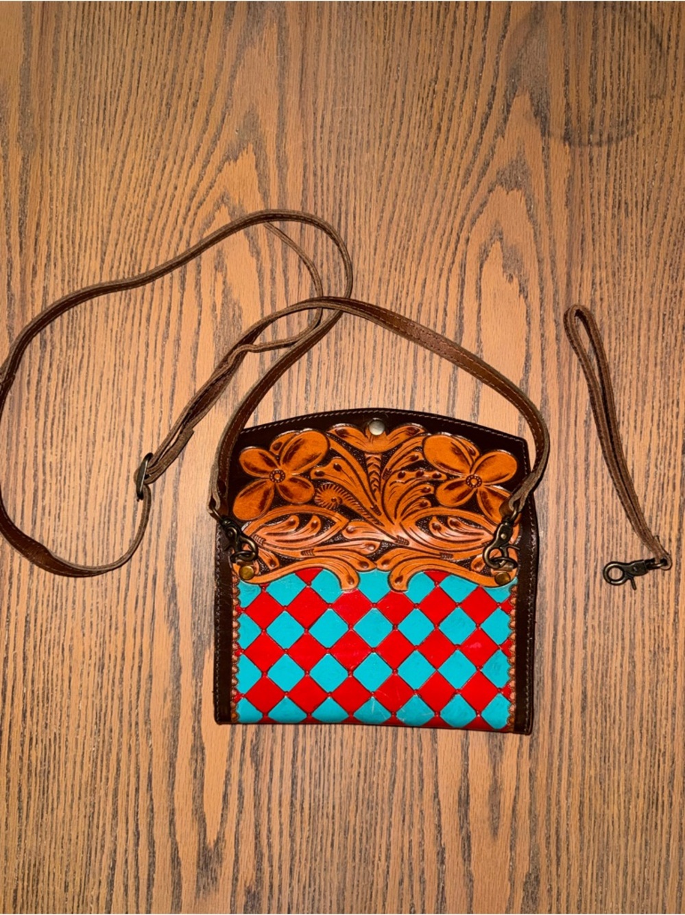 American Darling Turquoise and Red Diamond-Pattern Leather Crossbody Bag